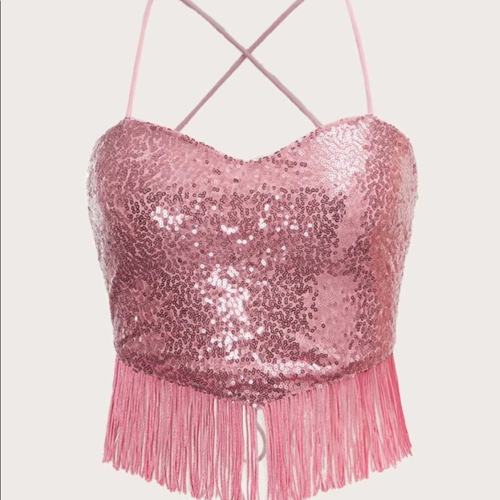 Sequin and Fringe Backless Crop Top